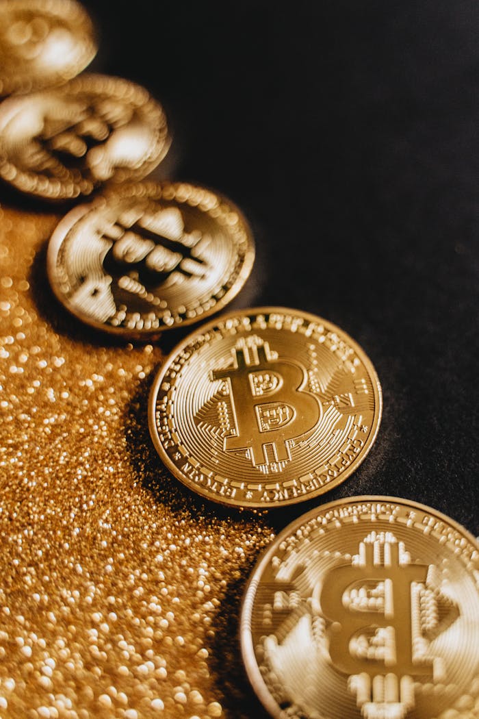 Close-up of Bitcoin coins on a shimmering gold glitter background, symbolizing digital wealth and investment.